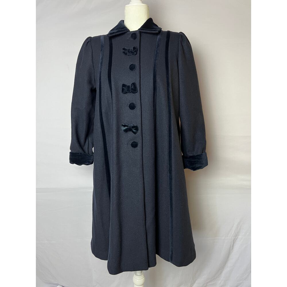 Vintage Emjay Creations Velvet Trim Wool Fit Flare Coat Navy 90s Quiet Luxury 10